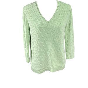 LAUREN RALPH LAUREN Green Silk Blend Cable Knit V-neck Sweater Sz XL